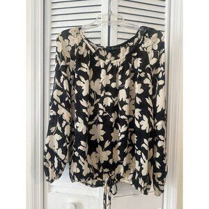 Fred David Shirt Womens SZ XL Black Beige Floral Long Sleeve Boho Casual Top